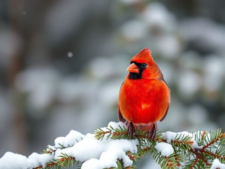 A vibrant scene featuring a bright red Northern Cardinal perched on a branch in a snowy landscape, with a football stadium vi