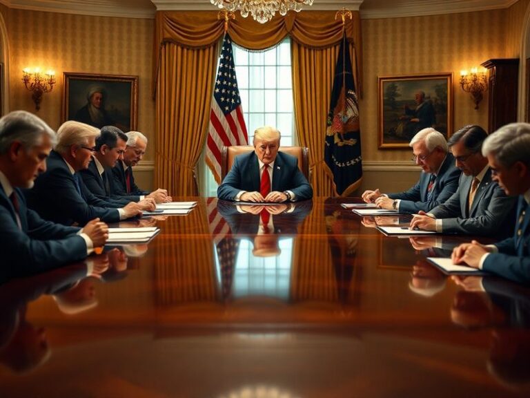 A dimly lit negotiating room with maps of the Middle East on the wall, two empty chairs facing each other, and a faint glow f