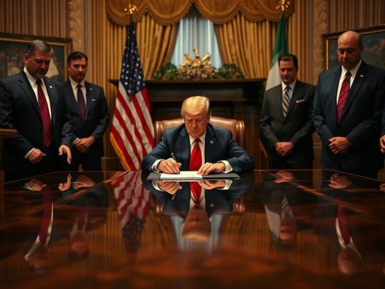 A split-image illustration showing Donald Trump speaking at a podium on one side, with Iranian leaders in a diplomatic meetin