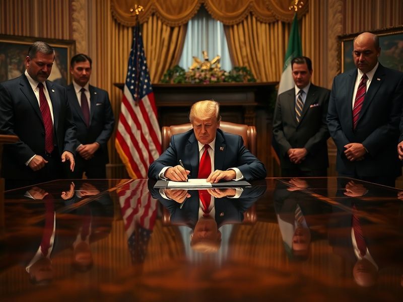 A split-image illustration showing Donald Trump speaking at a podium on one side, with Iranian leaders in a diplomatic meetin