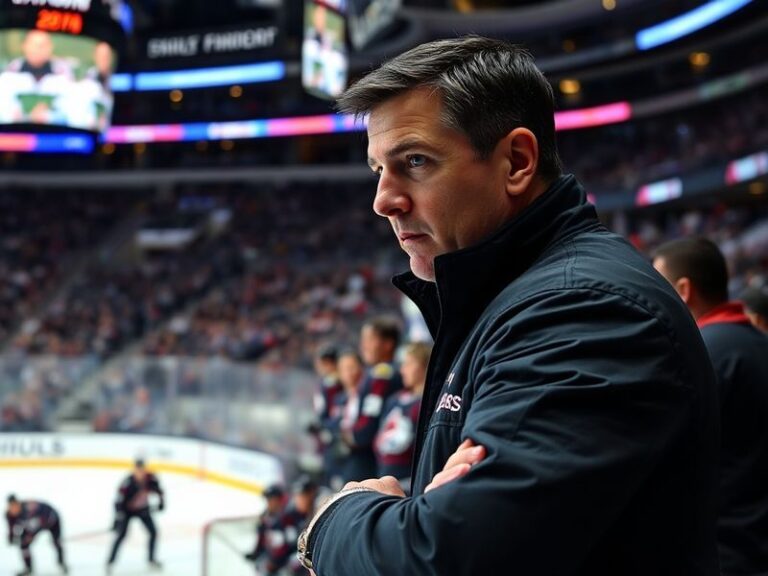 A mid-action shot of Jared Bednar on the Avalanche bench during a game, wearing a dark suit and focused expression, with the
