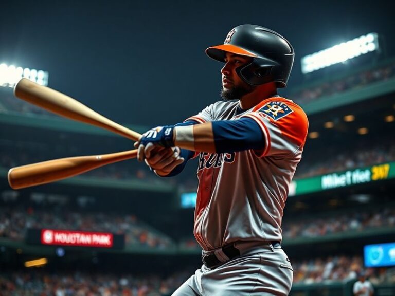 Yordan Alvarez mid-swing in a Houston Astros uniform, captured in a stadium setting with a focused expression, dynamic lighti
