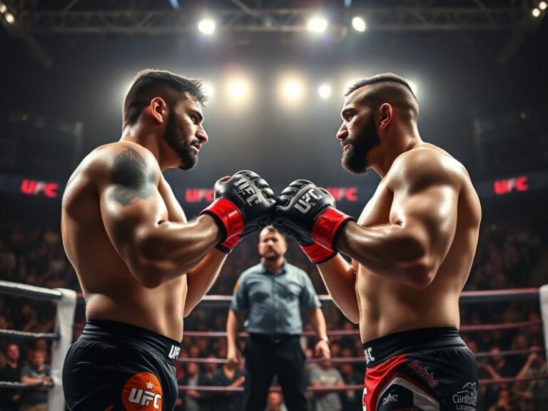A split image showing Paulo Costa throwing a powerful kick in red trunks on the left and Azamat Murzakanov grappling in the O