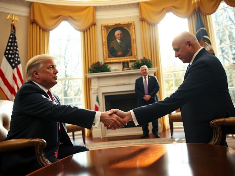 A split-image illustration showing a tense diplomatic meeting between U.S. and Iranian officials at opposite ends of a long t