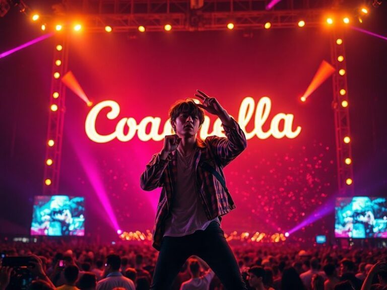 A vibrant concert photo of Taemin on stage at Coachella, bathed in neon lights, performing with dynamic choreography and a la