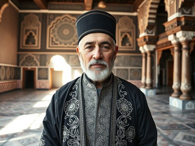 A dynamic action shot of Murzakanov in a wrestling match, wearing the blue and yellow uniform of Kazakhstan, mid-move on a gr