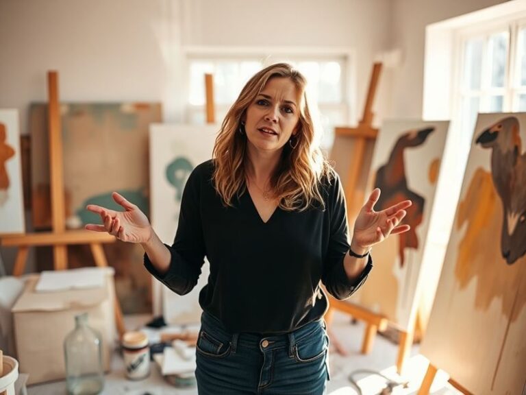 A candid portrait of Kimberly Langwell in a minimalist workspace, surrounded by global artifacts (maps, books in multiple lan
