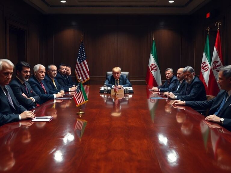 An image of a tense diplomatic meeting with American and Iranian officials seated across from each other, flags visible, dim