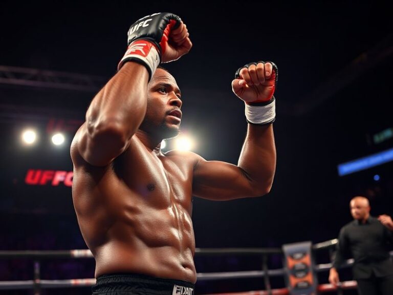 A dynamic photo of Daniel Cormier in the UFC octagon mid-fight, wearing his black and gold uniform, with the referee close by