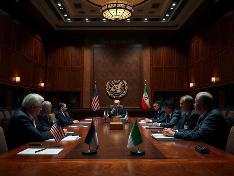 A tense diplomatic meeting between U.S. and Iranian officials at a neutral location, with flags and interpreters present. The