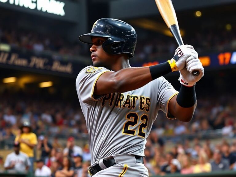 Andrew McCutchen in his Pirates uniform mid-swing, wearing a black helmet, with Forbes Field in the background during a sunny