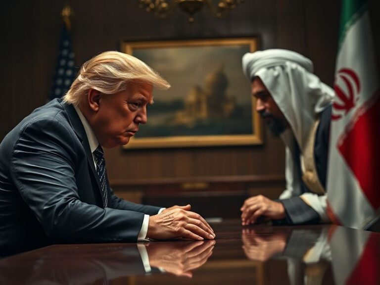 A split-image illustration showing a tense negotiation table with U.S. and Iranian officials on opposite sides, surrounded by