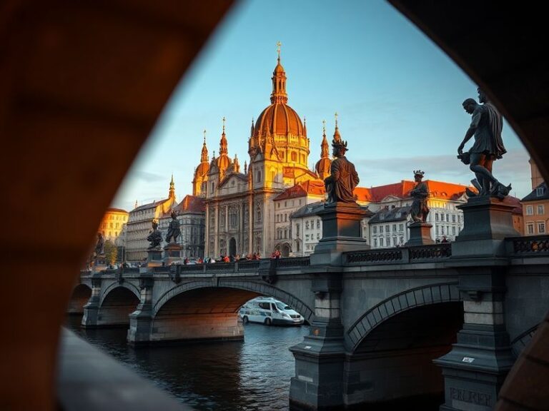 A vibrant cityscape of Prague at golden hour, featuring the Charles Bridge, Old Town Square, and a mix of historic and modern