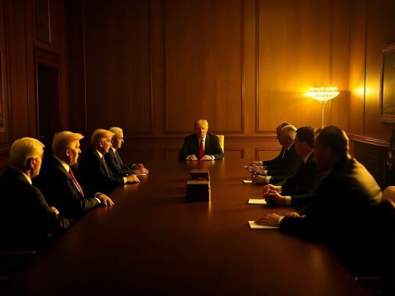 A split-image visual: on the left, President Trump signing an executive order in the Oval Office with advisors; on the right,