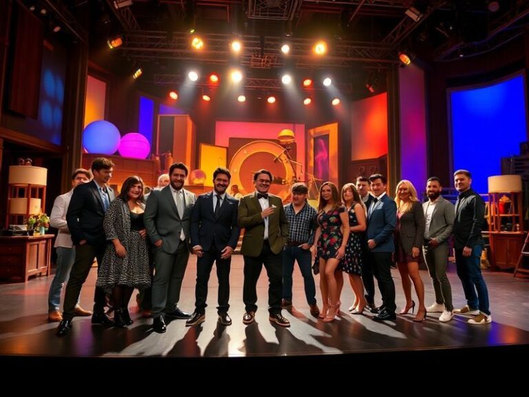 A vibrant, dynamic collage of SNL cast members from past and present seasons, set against a bright New York City backdrop wit