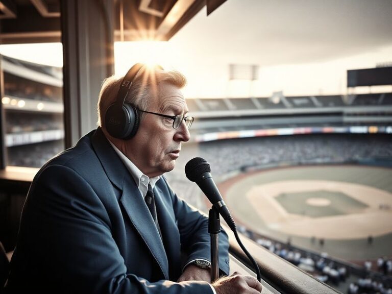 A black-and-white photograph of Vin Scully in the broadcast booth at Dodger Stadium, wearing a headset and gesturing as he co