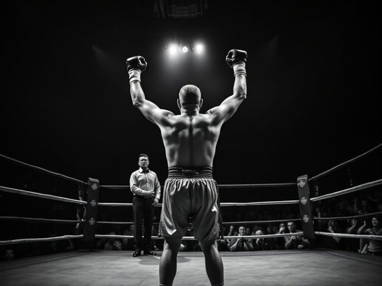 A split-screen image of two boxers mid-fight in a brightly lit arena, with one fighter landing a punch and the other on the d
