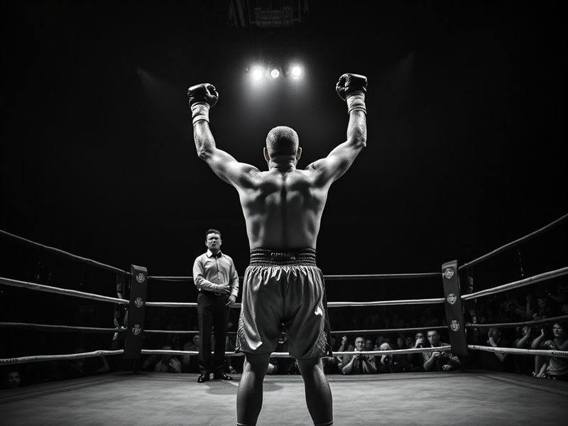 A split-screen image of two boxers mid-fight in a brightly lit arena, with one fighter landing a punch and the other on the d