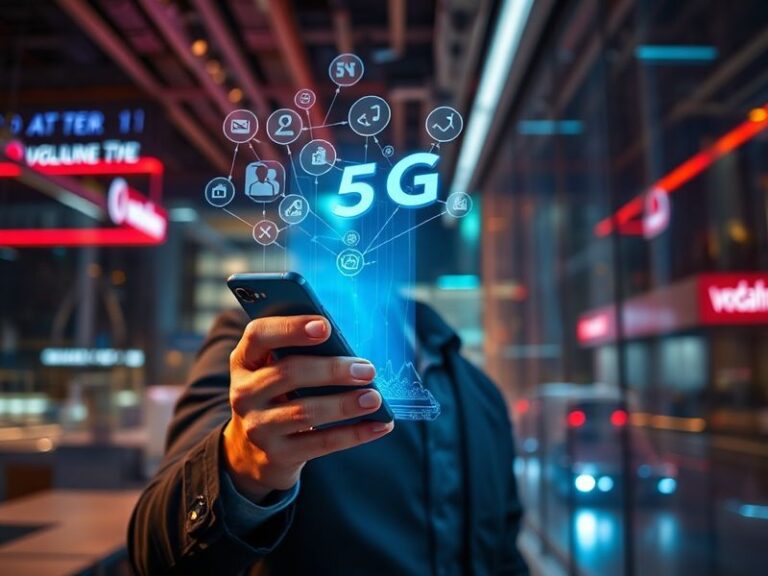 A split-image illustration showing a vintage 1980s mobile phone on one side and a futuristic 5G smartphone on the other, with