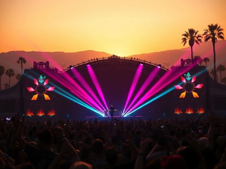 David Guetta performing on the Coachella main stage at sunset, surrounded by a massive crowd, vibrant stage lights, and confe