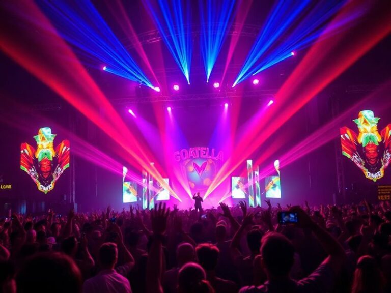 A vibrant concert photo of David Guetta performing on the main stage at Coachella, bathed in colorful lights with a massive c