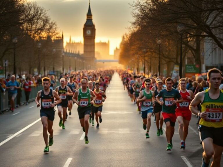 A vibrant image of runners crossing Tower Bridge during the London Marathon, with spectators cheering and Big Ben visible in
