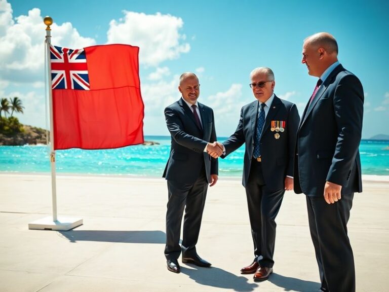 Aerial view of the Chagos Archipelago’s turquoise waters and white sandy beaches, with a distant U.S. military base on Diego