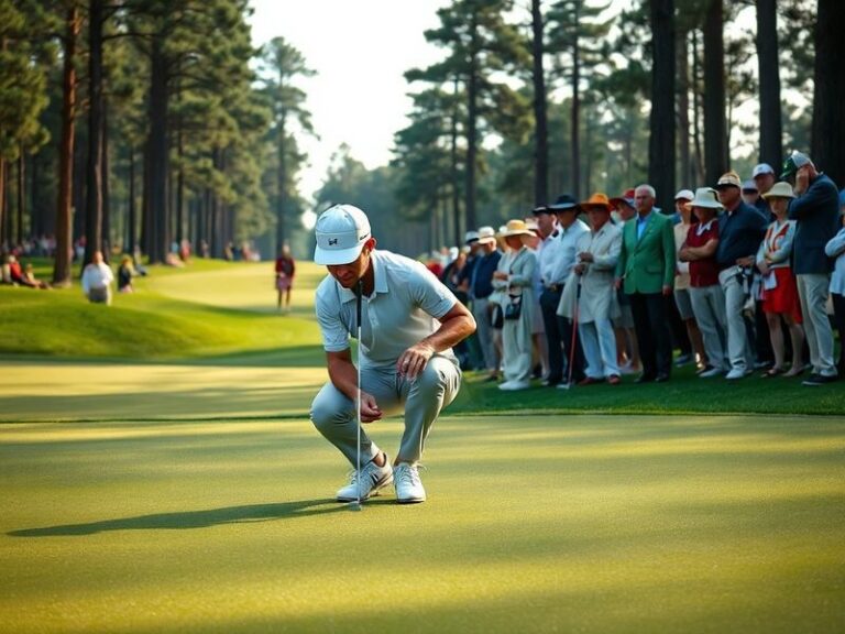 A dramatic shot of Scottie Scheffler lining up a crucial putt on the 18th green at Augusta National, with the iconic clubhous