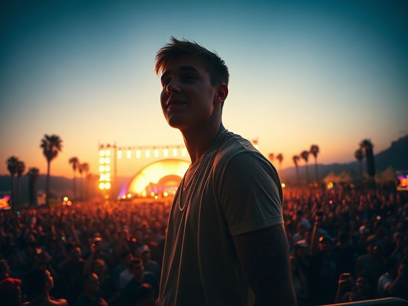 A vibrant concert scene featuring Justin Bieber on stage at Coachella, bathed in golden sunset light, with a massive crowd in