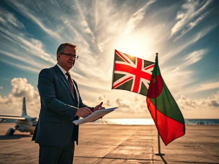 A wide-angle shot of the Chagos Islands’ turquoise waters and palm-fringed coastlines, with a subtle US military base visible