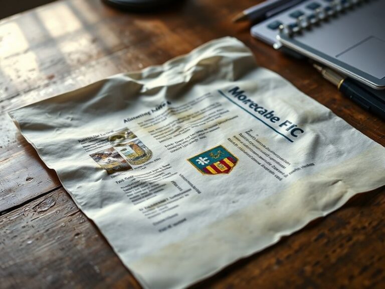 A panoramic view of Morecambe FC’s Globe Arena on matchday, showing fans in the stands and the stadium exterior under evening