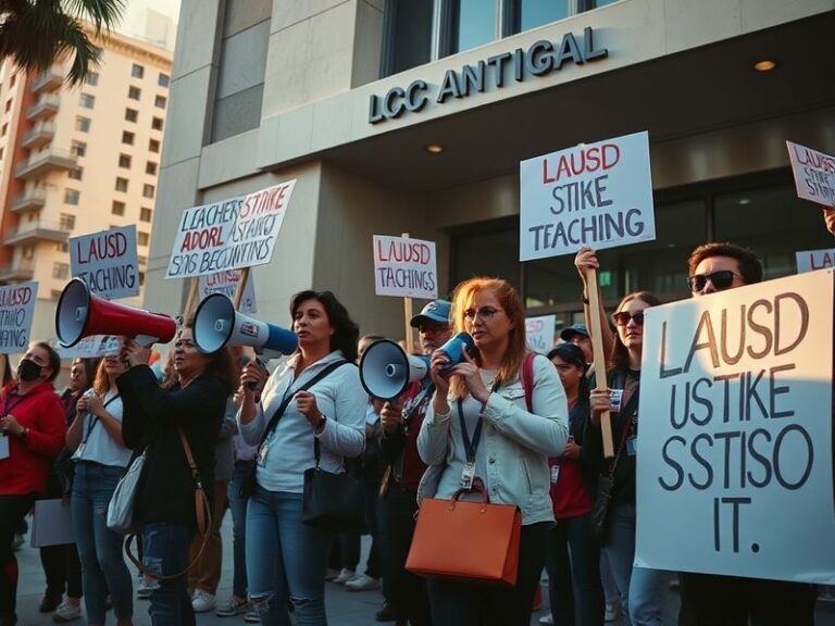 A vibrant protest scene outside an LAUSD school building. Teachers and students hold signs demanding better funding, smaller