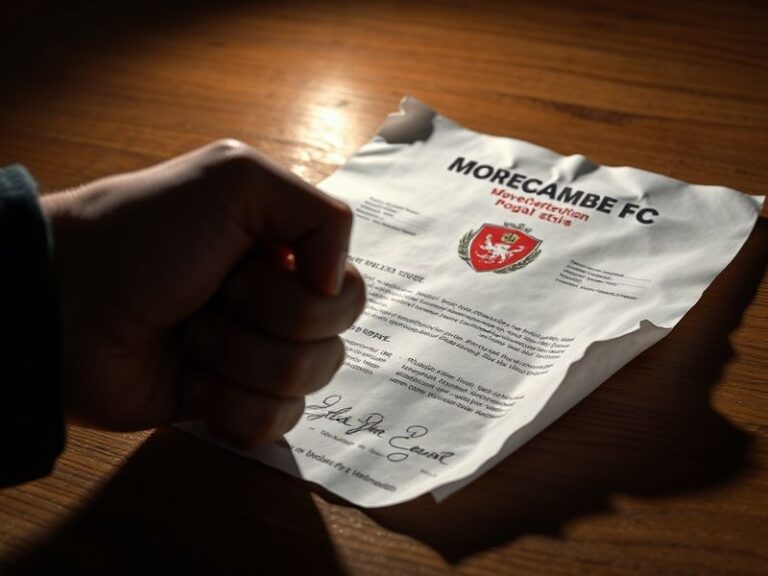 A close-up shot of Morecambe FC's stadium with empty stands, highlighting financial challenges. The mood is tense yet determi