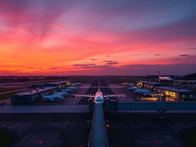 Aerial view of Shannon Airport surrounded by lush green Irish countryside, with a vintage airplane on display in the foregrou
