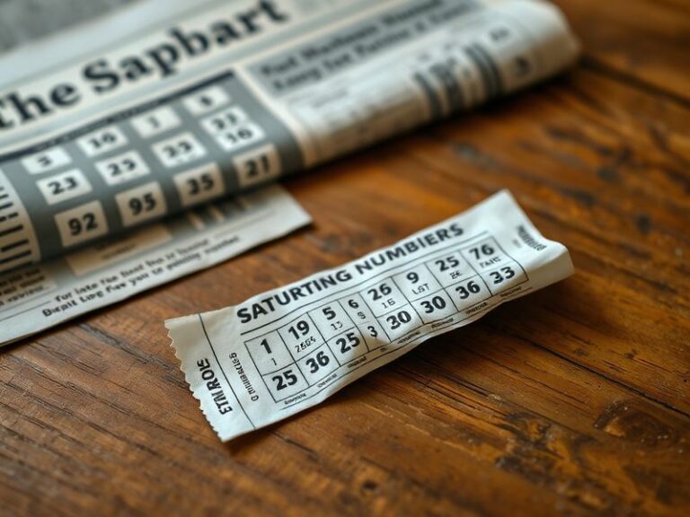 A close-up of a lottery ticket with visible numbers and a pen, placed on a wooden table with a calculator and scattered cash
