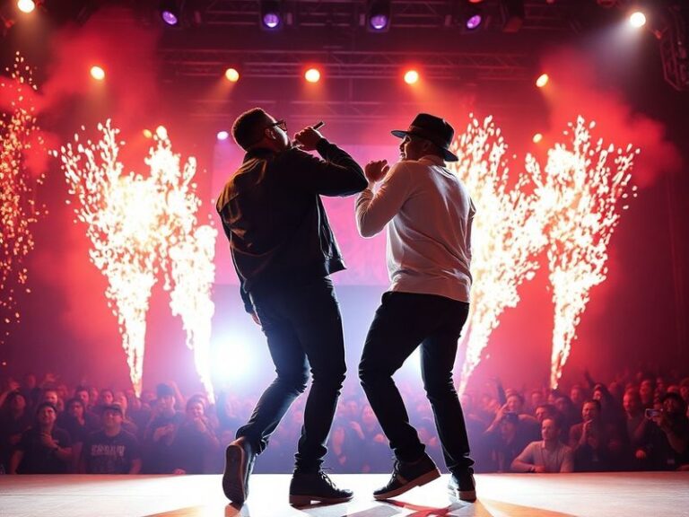 A vibrant concert stage with Usher and Chris Brown performing side by side, bathed in colorful lights, with a live audience i