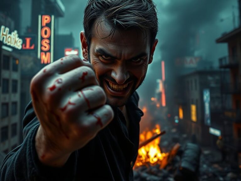A tense scene from The Boys Season 5 Episode 3 featuring Homelander looming over a devastated cityscape, with Hughie and Sold