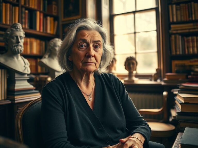 A well-lit portrait of Mary Beard in her office at Cambridge University, surrounded by bookshelves and classical artifacts. S