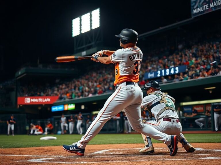 A vibrant baseball scene at Minute Maid Park featuring Yordan Alvarez of the Houston Astros swinging at a pitch, with Seattle