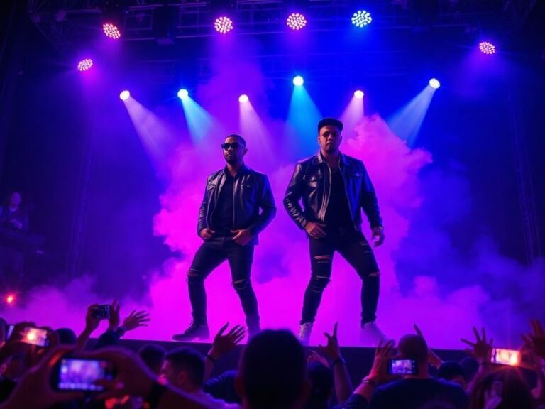 A vibrant concert stage with Usher and Chris Brown performing under dazzling lights, surrounded by dancers and a massive LED