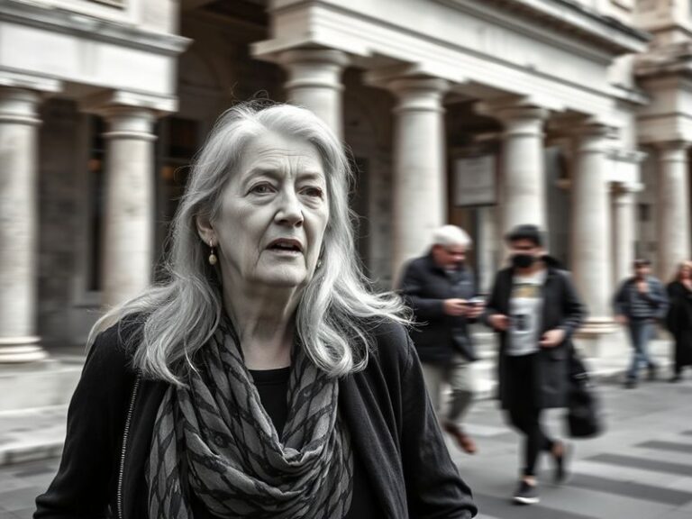 A portrait of Mary Beard in a library setting, surrounded by ancient Roman artifacts like scrolls and busts, with soft ambien