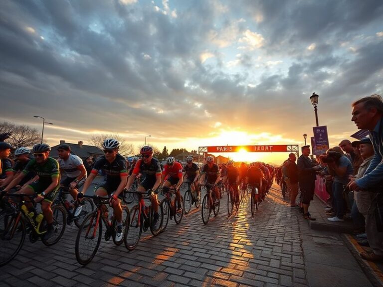 A dramatic shot of the peloton at the 2025 Paris-Roubaix start in Compiègne, with cobblestone roads and early morning light c
