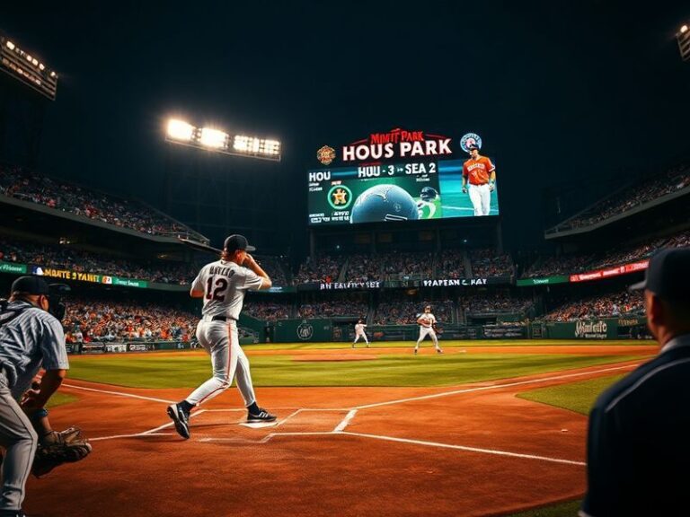 A split-screen image of Minute Maid Park in Houston and T-Mobile Park in Seattle at night, with players from both teams in ac