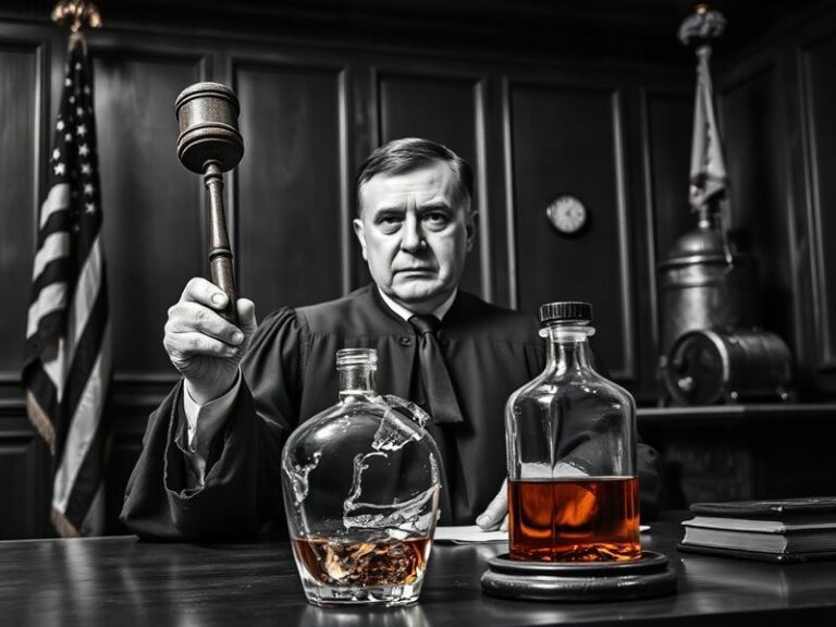 A gavel resting on a wooden desk with legal documents, a small glass of homemade spirits, and a vintage whiskey bottle in the