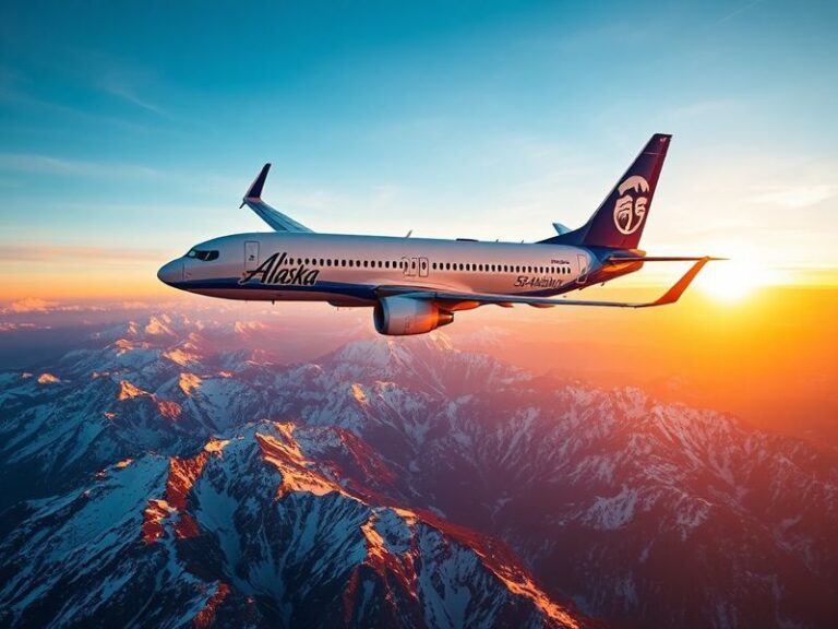 A modern Alaska Airlines aircraft on the tarmac at an airport, with a backdrop of snow-capped mountains, capturing the airlin