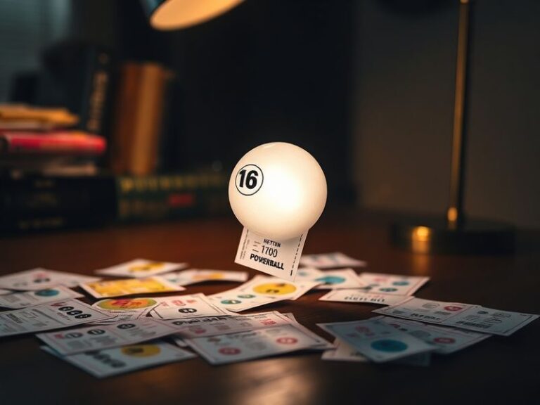 A close-up shot of a Powerball lottery ticket being scanned at a retail terminal, with the Powerball drawing machine visible