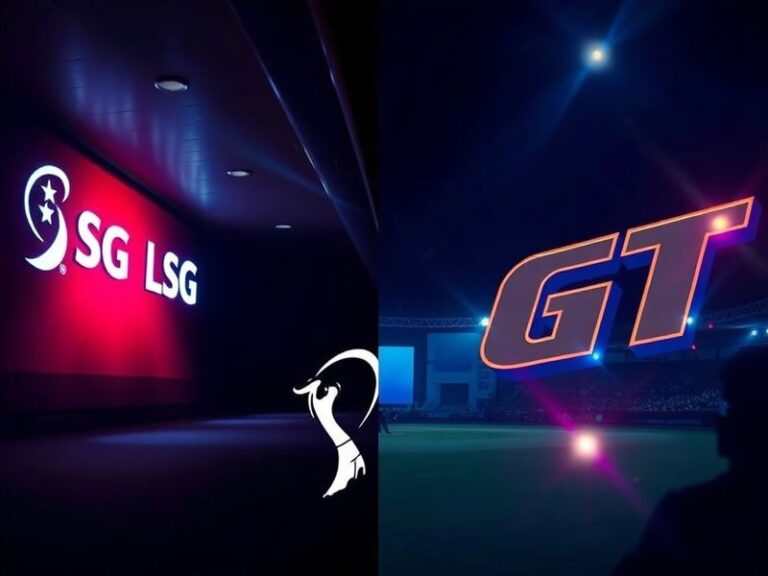 A split-screen image showing LSG players in blue and GT players in green celebrating on the field, with a packed stadium in t