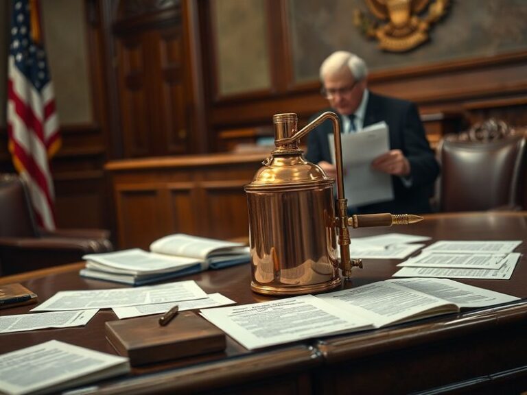 A split gavel resting on a wooden desk next to a vintage copper still, with a blurred American flag in the background. The sc