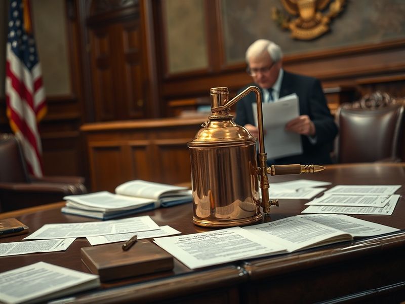 A split gavel resting on a wooden desk next to a vintage copper still, with a blurred American flag in the background. The sc
