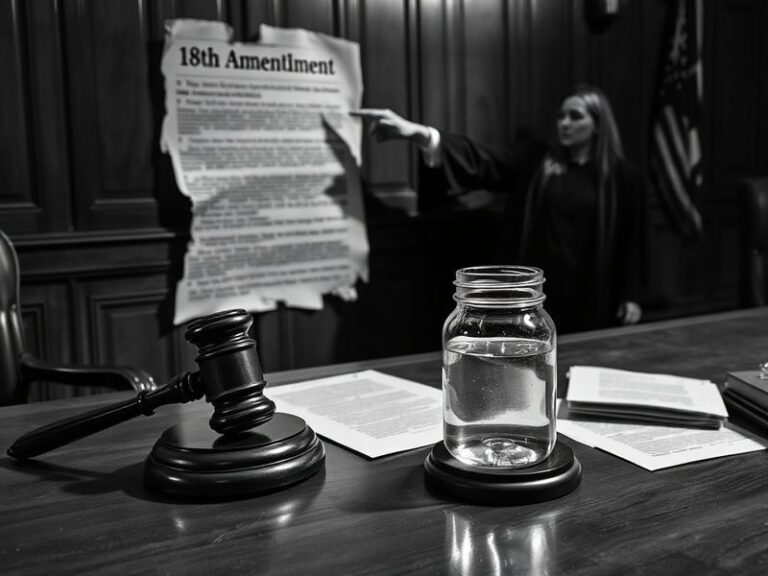 A split gavel resting on a wooden table surrounded by small glass bottles of clear and amber spirits, with a blurred backgrou